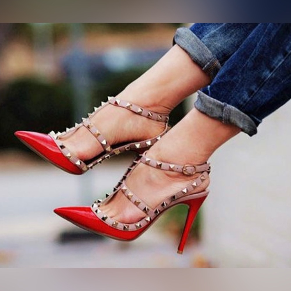 Valentino Rockstud Caged Slingback 100mm 39.5 Patent Leather Red Stud.